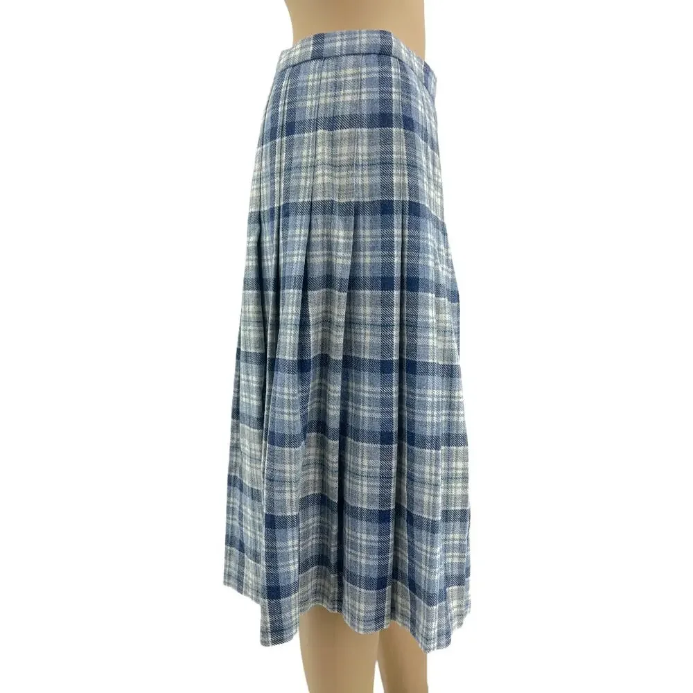 Edinburgh Woollen Mill (8) VINTAGE 70's Blue Tartan Plaid Wool Pleated Skirt - Picture 2 of 9